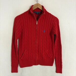 Ralph Lauren Sport Cable Knit Cardigan Sweater Womens M Zip Preppy Academia READ